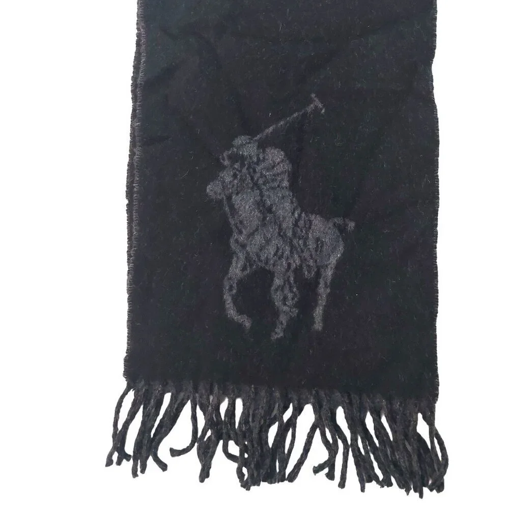 POLO Ralph Lauren Black Gray Big Pony Reversible Scarf Embroidered Polo Logo